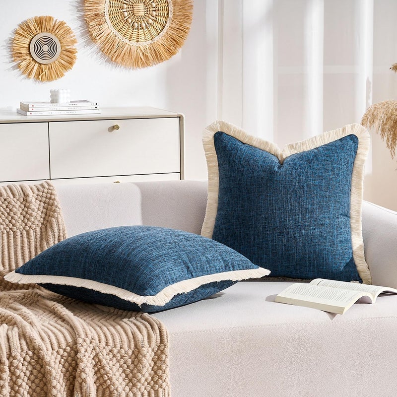 KWLET Boho Pillow Cover 20x20 Inch Decorative Square Throw Pillow Cover Neutral Pillowcase for Couch Bedroom Living Room, Navy Blue - Image 2