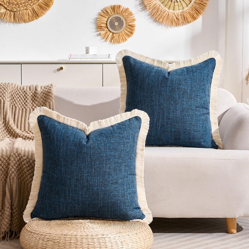 KWLET Boho Pillow Cover 20x20 Inch Decorative Square Throw Pillow Cover Neutral Pillowcase for Couch Bedroom Living Room, Navy Blue - Image 3