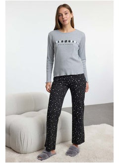 trendyol Gray-Multicolored Galaxy Patterned Ribbed Knitted Pajama Set THMAW25PT00111  - Image 1
