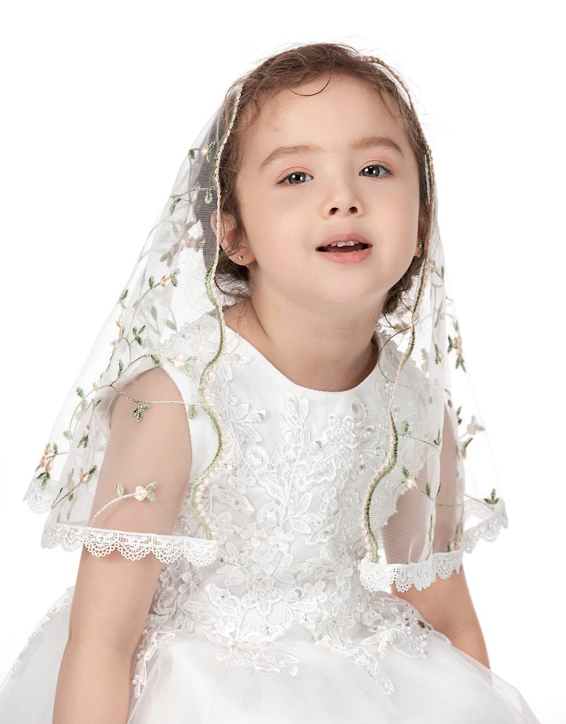 PAMOR First Communion Veils for Girls Lace Chapel Veil Mantilla Veils Latin Lass Church Veil for Catholic Baptism D Shape (White D) - Image 2