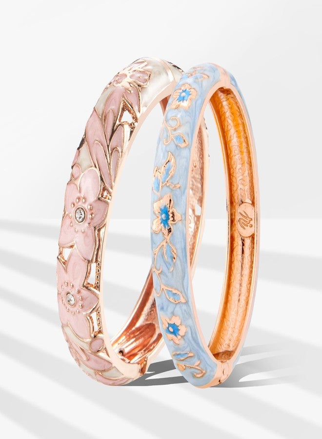UJOY Vintage Jewelry Cloisonne Handcrafted Enameled Gorgeous Rhinestone Hinged Cuff Bracelet Bangles Gifts 88A11-55A85 Pink Blue - Image 2