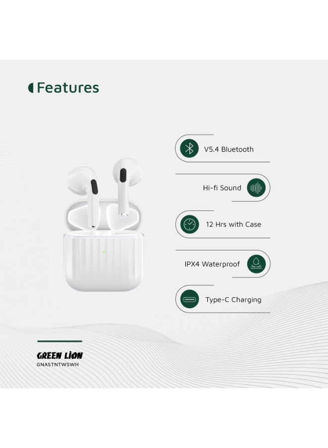 Green Lion Austin True Wireless Earbuds with Built-in Microphone, HD Sound, Dual Microphones, Touch Control, Voice Assistant, Type-C Charging, Up to 3 Hours Playtime - White - Image 4