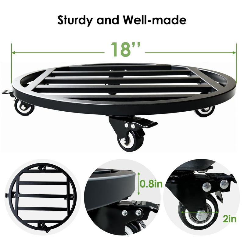 Hongsane 18" Round Plant Stand with Wheels Heavy Duty,Large Metal Plant Caddy Indoor Outdoor Use,Rolling Plant Dolly with Industrial Casters,Rust-Proof Black Plant Tray for Large Planters Pots,1-Pack - Image 2
