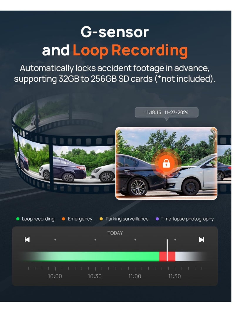 Generic - Dash Cam Front and Rear, 4KFull HD Dash Cam, Free 256GB Card, Built-in Wi-Fi GPS, 3-inch IPS Screen, Night Vision, 170° Wide Angle, WDR, 24-hour Parking Mode4K Dual Dash Cam, Front and Rear Recorder, Free 256GB Card, Built-in Wi-Fi, 3" IPS Screen, Night Vision, 170° Wide Angle, WDR, 24/7 Parking Mode - Image 1
