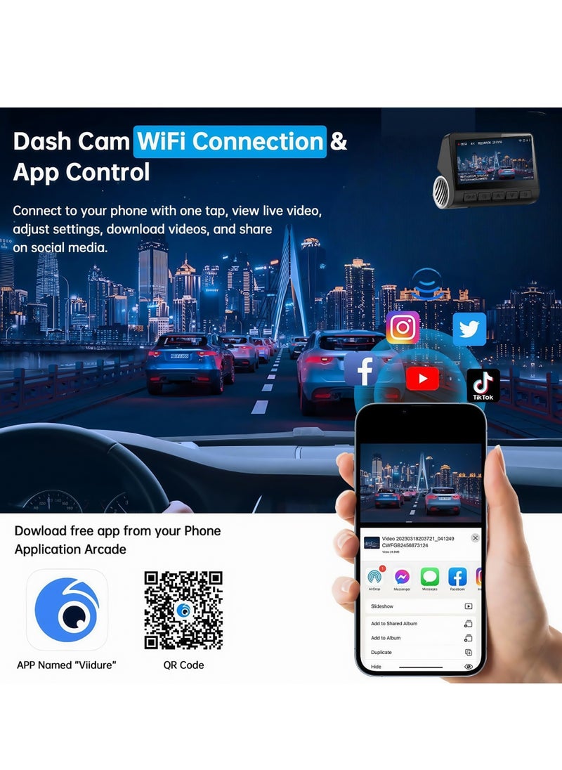 Generic - Dash Cam Front and Rear, 4KFull HD Dash Cam, Free 256GB Card, Built-in Wi-Fi GPS, 3-inch IPS Screen, Night Vision, 170° Wide Angle, WDR, 24-hour Parking Mode4K Dual Dash Cam, Front and Rear Recorder, Free 256GB Card, Built-in Wi-Fi, 3" IPS Screen, Night Vision, 170° Wide Angle, WDR, 24/7 Parking Mode - Image 1