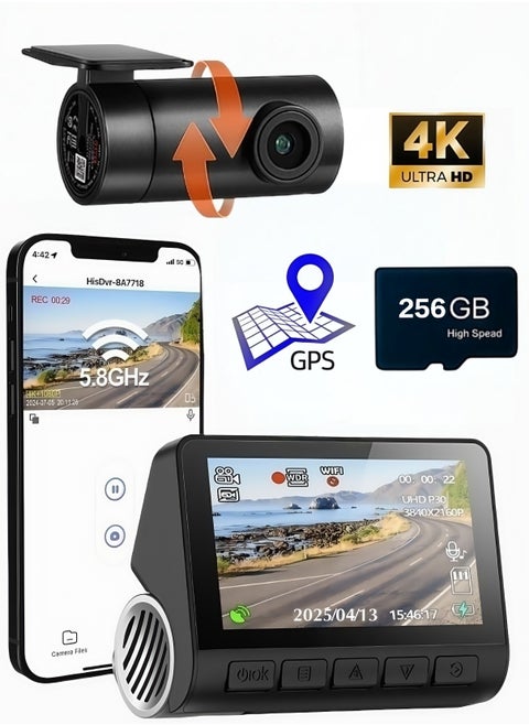 Dash Cam Front and Rear, 4KFull HD Dash Cam, Free 256GB Card, Built-in Wi-Fi GPS, 3-inch IPS Screen, Night Vision, 170° Wide Angle, WDR, 24-hour Parking Mode4K Dual Dash Cam, Front and Rear Recorder, Free 256GB Card, Built-in Wi-Fi, 3" IPS Screen, Night Vision, 170° Wide Angle, WDR, 24/7 Parking Mode