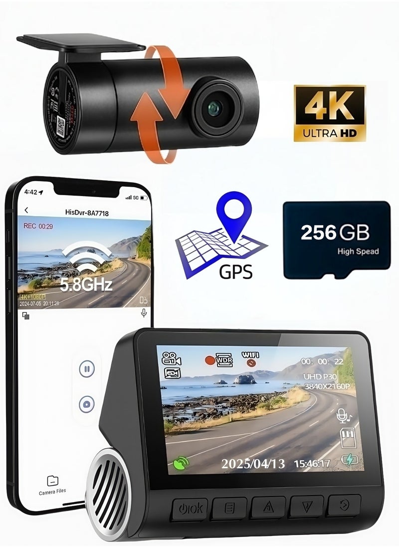 Generic - Dash Cam Front and Rear, 4KFull HD Dash Cam, Free 256GB Card, Built-in Wi-Fi GPS, 3-inch IPS Screen, Night Vision, 170° Wide Angle, WDR, 24-hour Parking Mode4K Dual Dash Cam, Front and Rear Recorder, Free 256GB Card, Built-in Wi-Fi, 3" IPS Screen, Night Vision, 170° Wide Angle, WDR, 24/7 Parking Mode - Image 1