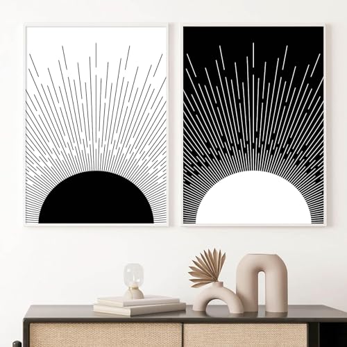 Ecyanlv Black and White Geometric Abstract Wall Art Black and White Boho Canvas Painting Minimalist Line Art Prints Mid Century Modern Geometric Wall Art 16x24inch (Set of 2) Frameless - Image 1