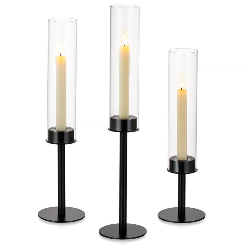 NUPTIO Black Candlestick Holders for Centerpiece Set of 3 Hurricane Taper Holder with Windproof Glass Cover Long Stem Cylinder Metal Candle Sticks Stands for Halloween Christmas Table Decoration - Image 2