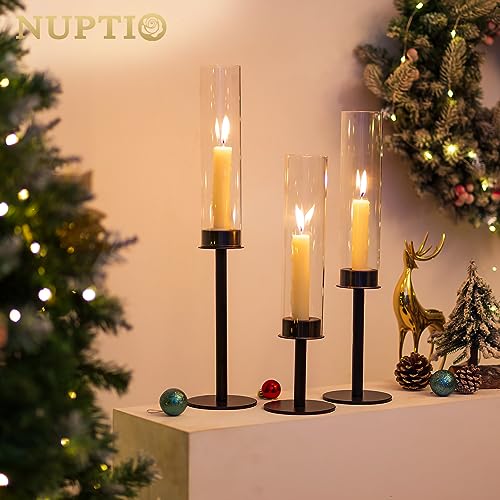 NUPTIO Black Candlestick Holders for Centerpiece Set of 3 Hurricane Taper Holder with Windproof Glass Cover Long Stem Cylinder Metal Candle Sticks Stands for Halloween Christmas Table Decoration - Image 3