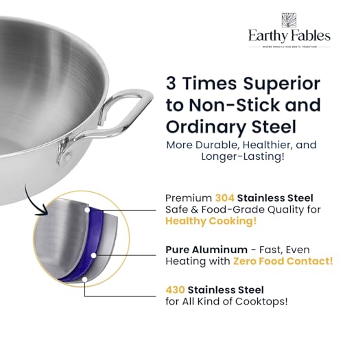 Earthy Fables Triply Stainless Steel Kadai/Kadhai with Steel Lid, 20cm/7.8 inch, 1.5 LTR, 1.3kg, Food Safe, No Chemical Coating, Easy to Clean, Uses Less Oil & Gas, Stove & Induction Bottom - Image 4