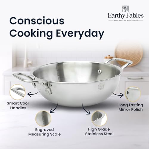 Earthy Fables Triply Stainless Steel Kadai/Kadhai with Steel Lid, 20cm/7.8 inch, 1.5 LTR, 1.3kg, Food Safe, No Chemical Coating, Easy to Clean, Uses Less Oil & Gas, Stove & Induction Bottom - Image 3