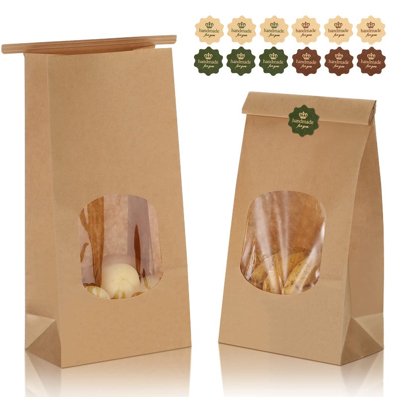 Tenare 50 Pieces Bakery Bags with Window 354 x 236 x 669 inch Kraft Paper Bags Tin Tie Tab Lock and 60 Pieces Lovely Handmade Label Seal Stickers Window for Coffee Cookie TreatBrown