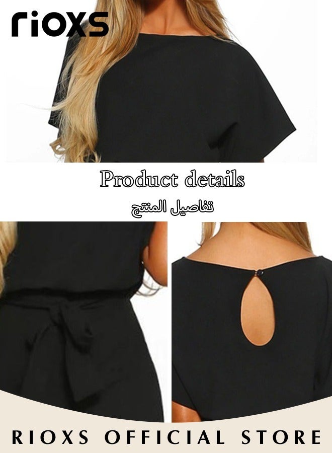 RIOXS Women's Crewneck Short Rompers, Loose Fit Short Batwing Sleeve Keyhole Back Jumpsuit for Ladies, Elegant Wide Leg Short Pants Romper with Waist Belt, Casual High Waist Flowy One Piece Dressy Jumpsuit for Business Work, Travel, Beach, Comuuting and Daily Wear, Black - Image 4