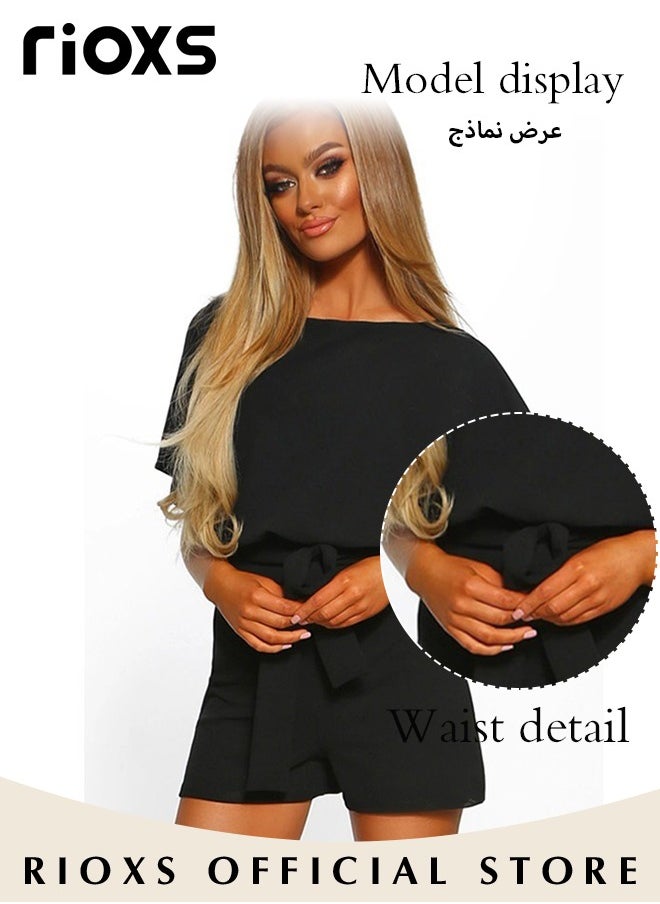 RIOXS - Women's Elegant High Waisted Belted Jumpsuit Solid Trendy Short Sleeve One Piece Playsuit With Shorts - Image 1