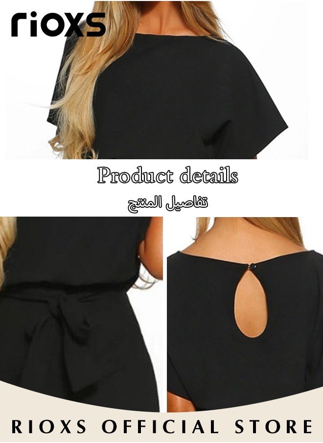 RIOXS - Women's Elegant High Waisted Belted Jumpsuit Solid Trendy Short Sleeve One Piece Playsuit With Shorts - Image 1