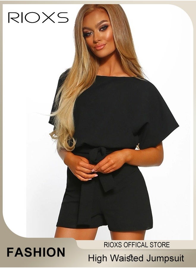 RIOXS - Women's Elegant High Waisted Belted Jumpsuit Solid Trendy Short Sleeve One Piece Playsuit With Shorts - Image 1