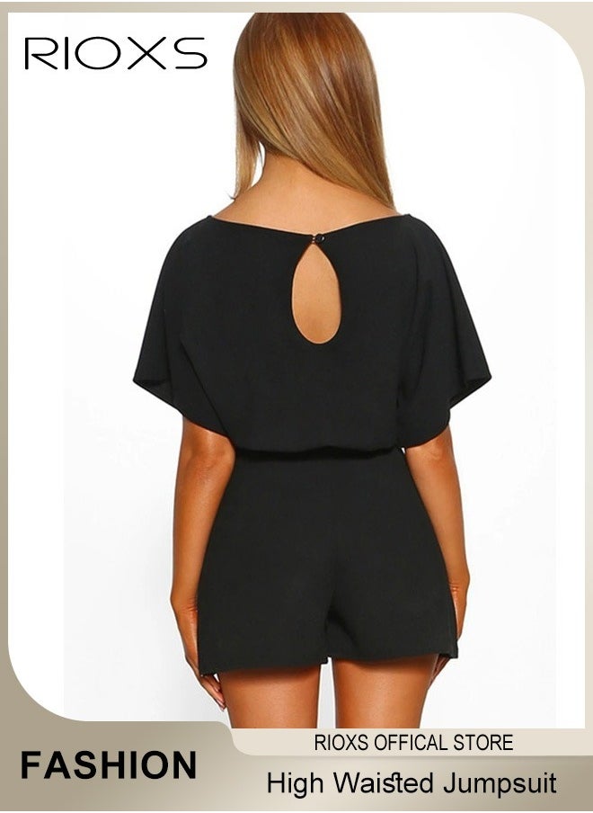 RIOXS - Women's Elegant High Waisted Belted Jumpsuit Solid Trendy Short Sleeve One Piece Playsuit With Shorts - Image 1