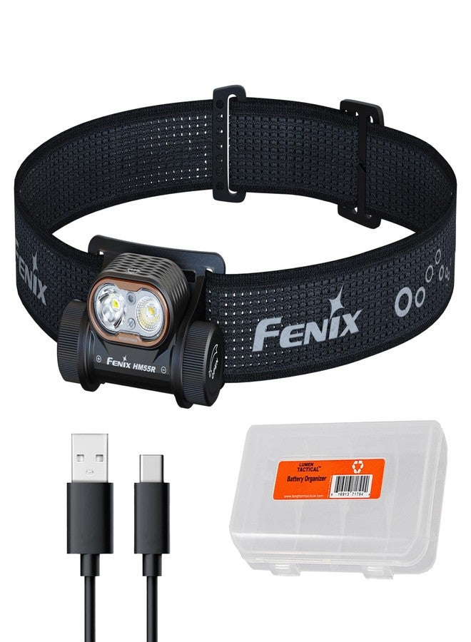 فينيكس مصباح رأس قابل لإعادة الشحن Fenix HM55R، بقوة 1200 لومن، مزود بإضاءة كاشفة وإضاءة حمراء، خفيف الوزن، يعمل لفترة طويلة، مزود بمنفذ شحن USB-C، مقاوم للماء، مناسب للتخييم والمشي لمسافات طويلة والجري، مع منظم Lumentac (أسود). - Image 1