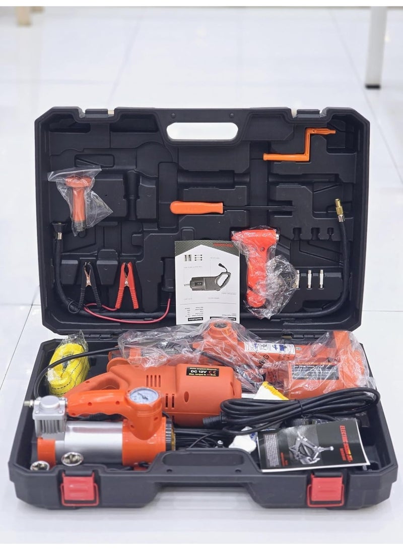 SHEZA STAR Electric Car Jack Kit with Impact Wrench, Air Compressor, 12V DC, Portable Lifting Tool Set 42 cm Lifting with Storage Case - Image 1