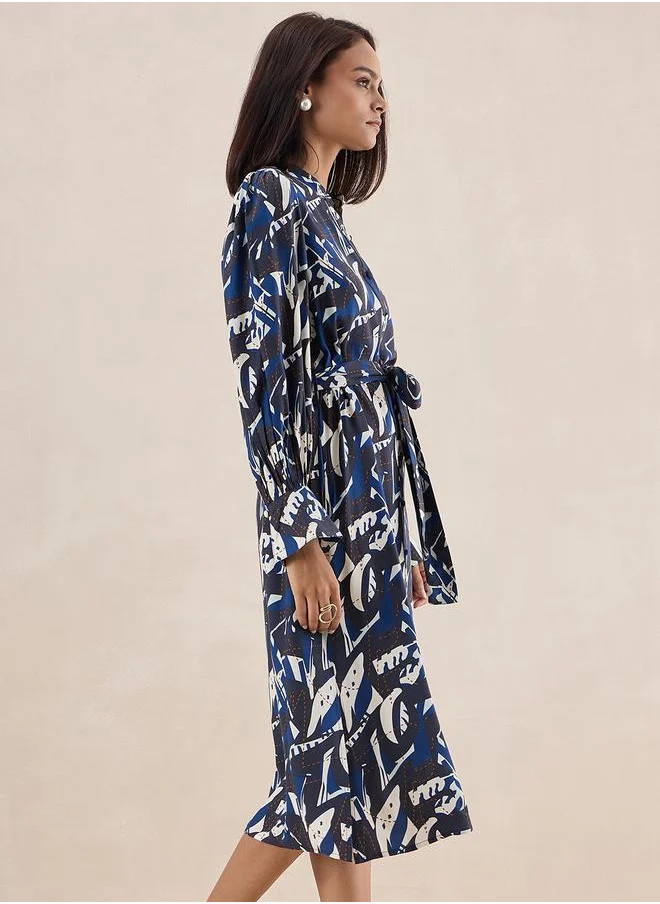FEMELLA Abstract Print Tie Belt Midi Dress by Styli