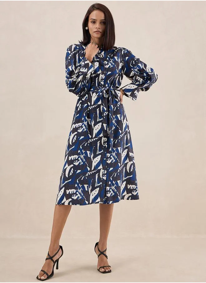 FEMELLA Abstract Print Tie Belt Midi Dress by Styli