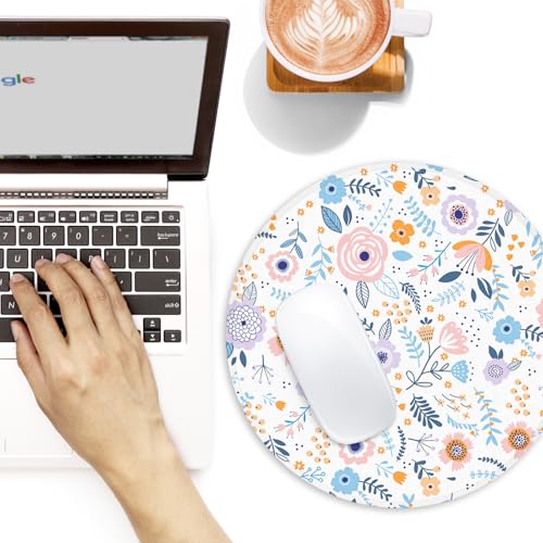 Adastrah Pink Flowers Round Mouse Mat, Funny Small Mouse Mat with Non-Slip Rubber Base, Home Office Decor Desk Accessory, 8.7inch Round - Image 2