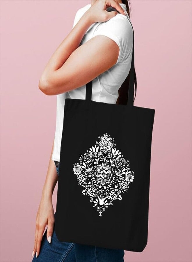 Roundsun Cotton Canvas Printed Vertical Women Tote Bag | 300 GSM Cloth |100% Organic Cotton | Shopping/Grocery Bag | Zip Clouser | Multi-Purpose Bag | Reusable (Mandala, Black) - Image 3