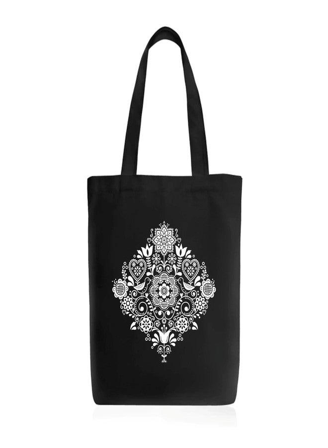 Roundsun Cotton Canvas Printed Vertical Women Tote Bag | 300 GSM Cloth |100% Organic Cotton | Shopping/Grocery Bag | Zip Clouser | Multi-Purpose Bag | Reusable (Mandala, Black) - Image 1