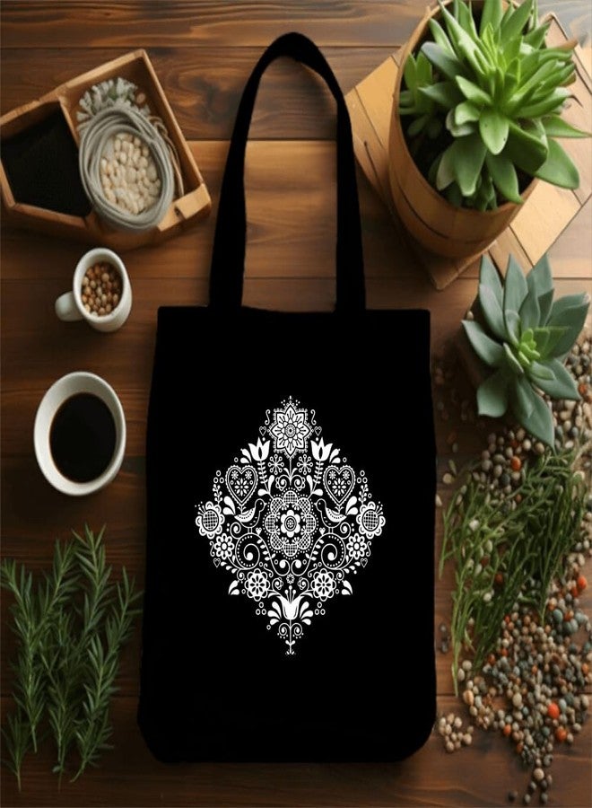 Roundsun Cotton Canvas Printed Vertical Women Tote Bag | 300 GSM Cloth |100% Organic Cotton | Shopping/Grocery Bag | Zip Clouser | Multi-Purpose Bag | Reusable (Mandala, Black) - Image 4