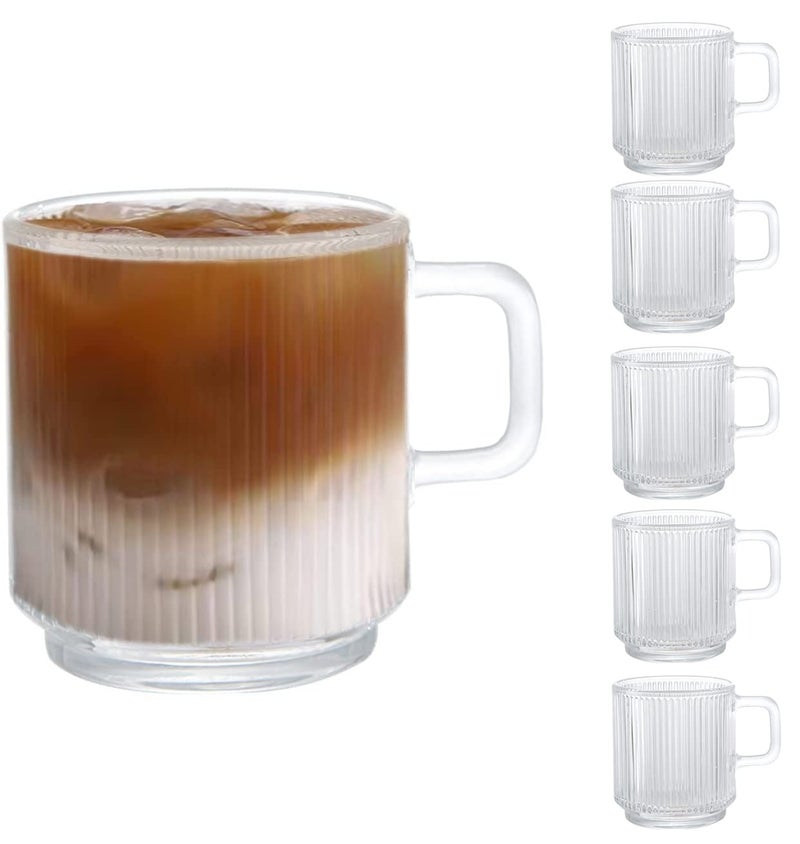 D.M DESIGNÂ·MASTER [6 PACK, 12 OZ] - Premium Glass Coffee Mugs with Handle. Transparent Tea Glasses for Hot/Cold Beverages, Perfect Design for Americano, Cappuccino, Tea and Beverage. - Image 1