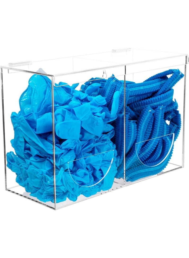 Slasa SLASA Wall Mounted PPE Dispenser Organizer – Acrylic 2-Compartment Holder for Face Masks, Gloves, Tissue, Hairnets – Clear Hygiene Box for Clinic, Office, Salon (30 x 20 x 10 cm)  - Image 1