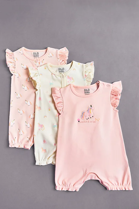 أر أند بي 3 Pack Embroidered Rompers with Crew Neck and Ruffle Sleeves