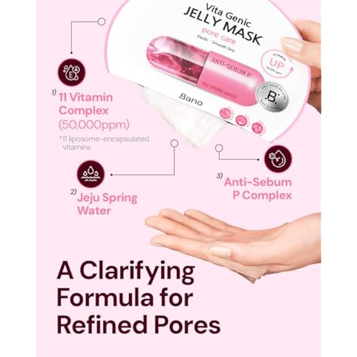 BANO Vita Genic Jelly Face Pore Care Mask 10EA – Hydrating Sheet Mask for Sensitive Skin, Korean Glass Skin Care with Spring Water, Vitamin C and Niacinamide, Sebum Control, Fragrance-Free - Image 3