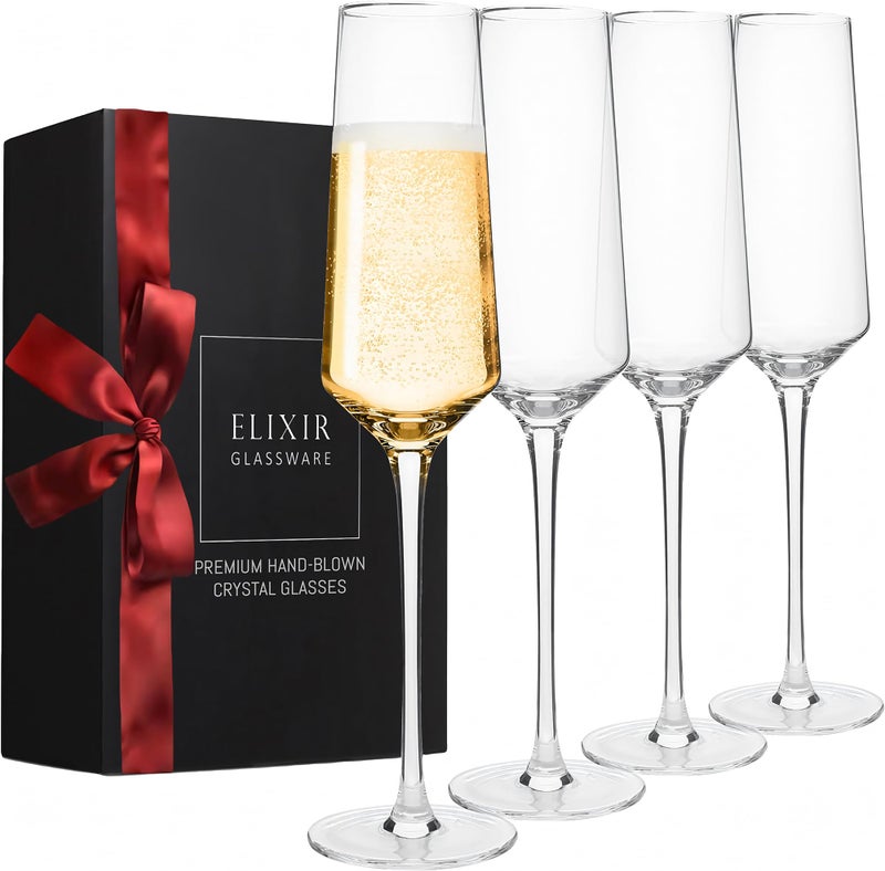 Elixir Glassware ELIXIR GLASSWARE Classy Champagne Flutes  8 oz  Set of 4 Elegant Flute Wine Glasses  Hand Blown Crystal Champagne Glasses  Wedding Gifts for Couples Engagement Gift Housewarming Gifts