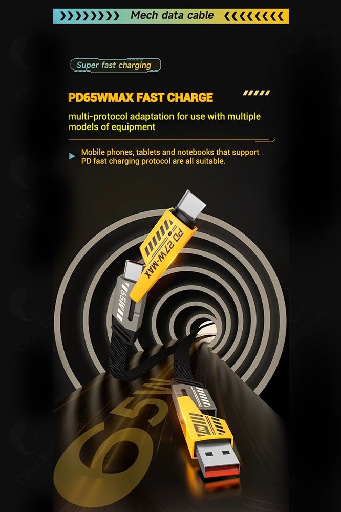 CLEAR TONE 4-in-1 Nylon Braided USB-A & USB-C Data Cable | Type C to Lightning PD27W Power Delivery | Type C to Type C 65W Fast Charging High-Speed Data Transfer | Tangle-Free | Yellow & Gray Color | Compatible with Smartphones & Laptops - Image 2