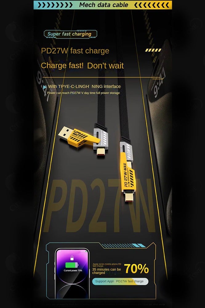 CLEAR TONE 4-in-1 Nylon Braided USB-A & USB-C Data Cable | Type C to Lightning PD27W Power Delivery | Type C to Type C 65W Fast Charging High-Speed Data Transfer | Tangle-Free | Yellow & Gray Color | Compatible with Smartphones & Laptops - Image 3