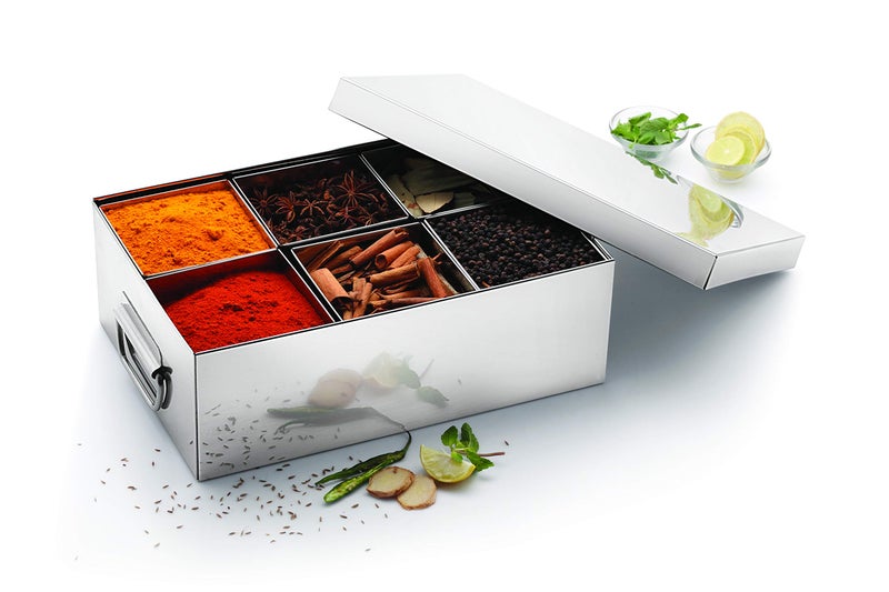 Komal Stainless Steel Masala box for Kitchen | Spice Box | Spice Organiser | Masala Daani | Sqaure Masala Dabba with 6 Containers| Silver - Image 3