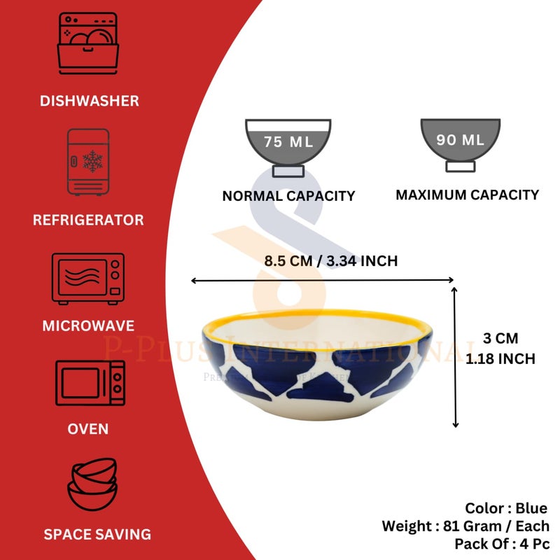 P-PLUS INTERNATIONAL Ceramic Pasta Plates and Salad Bowls | Microwave & Dishwasher Safe Serving Bowls | 75 ML 8.5 CM | Hand Painted Bowls Set | Great Housewarming Gifts (Blue, Set of 4) - Image 2
