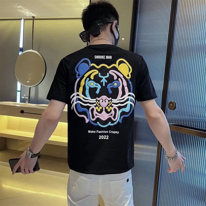 2022 Summer Trendy Brand Tiger Head Short-sleeved T-shirt Men's Korean-style Trendy Casual Half-sleeved Round Neck Casual Printed Top - Image 2