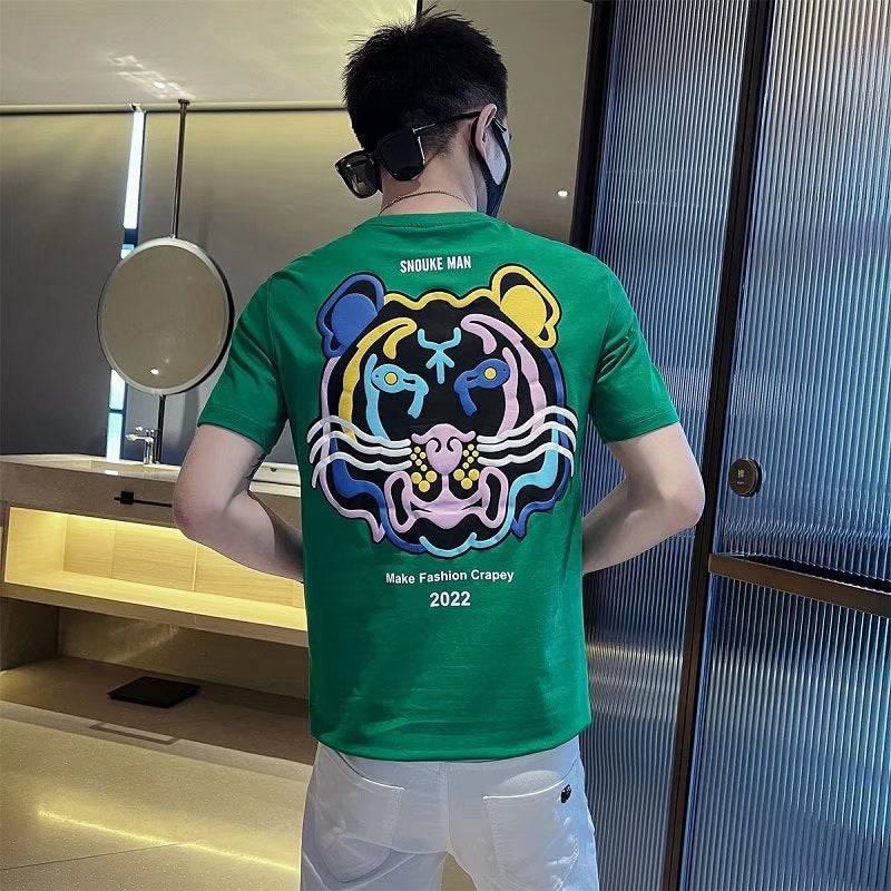 2022 Summer Trendy Brand Tiger Head Short-sleeved T-shirt Men's Korean-style Trendy Casual Half-sleeved Round Neck Casual Printed Top - Image 5