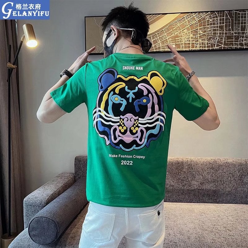 2022 Summer Trendy Brand Tiger Head Short-sleeved T-shirt Men's Korean-style Trendy Casual Half-sleeved Round Neck Casual Printed Top - Image 3