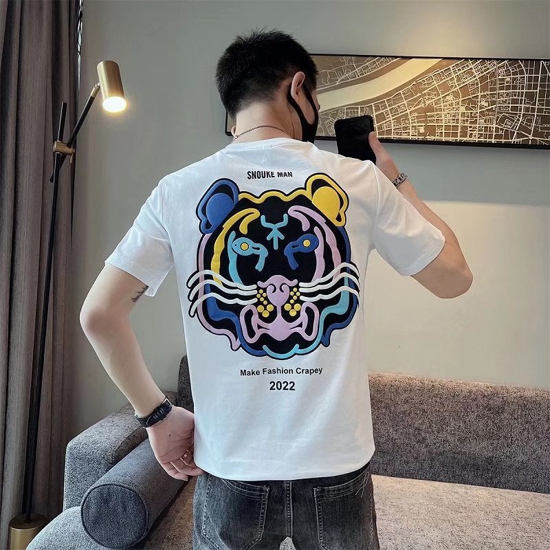 2022 Summer Trendy Brand Tiger Head Short-sleeved T-shirt Men's Korean-style Trendy Casual Half-sleeved Round Neck Casual Printed Top - Image 4