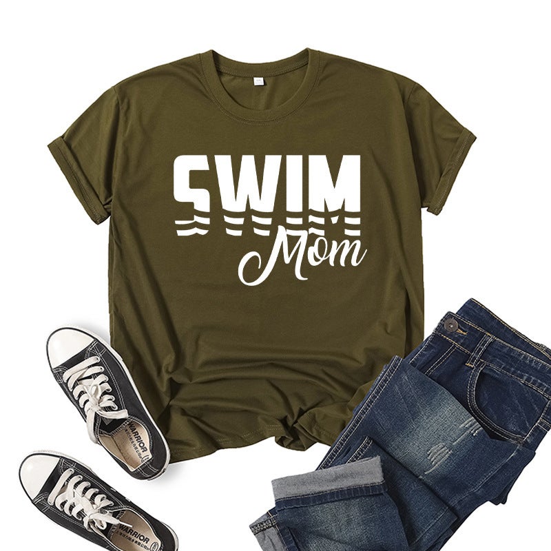 Foreign Trade Cross-border Swimming Mom Swim Mom Printed Short-sleeved Round Neck T-shirt European and American Mens and Womens Top Loose Casual Army Green 
