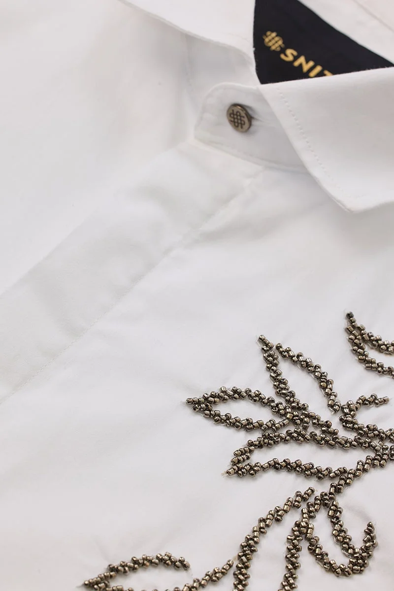 SNITCH White Embroidered Long Sleeve Slim Fit Formal Luxe Shirt