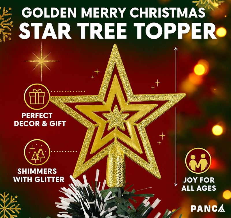 PANCA Golden Merry Christmas Star Topper for Xmas Tree | Glitter Star Christmas Tree Decoration Ornament | Festive Home Décor Props & Gifts for Women, Men & Kids | Holiday Party Decoration Item - Image 3