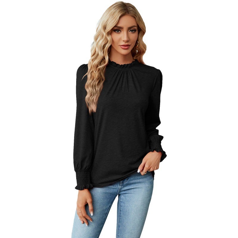 2024 Autumn Winter Lace Collar Long Sleeve Loose Tee Women Black - Image 1
