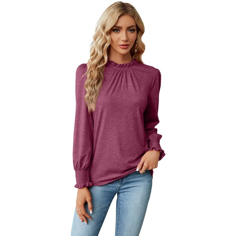 2024 Autumn Winter Lace Collar Long Sleeve Loose Tee Women Black - Image 5