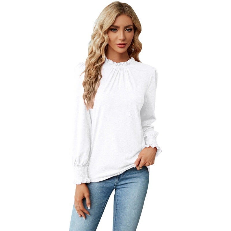 2024 Autumn Winter Lace Collar Long Sleeve Loose Tee Women Black - Image 2