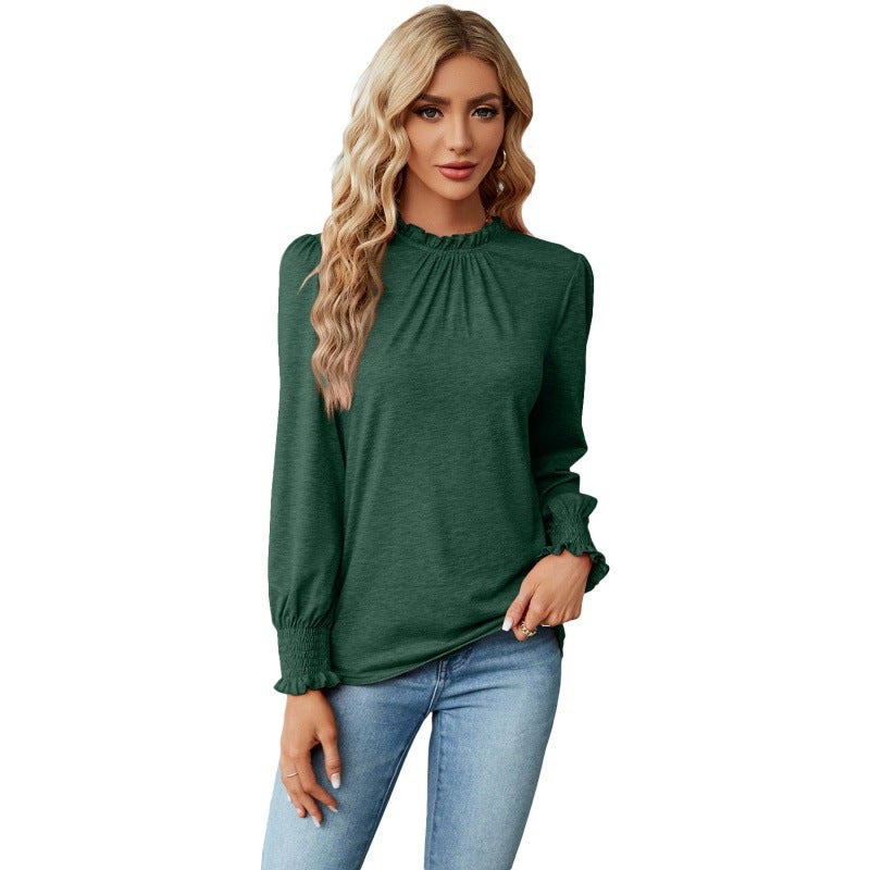 2024 Autumn Winter Lace Collar Long Sleeve Loose Tee Women Black - Image 4